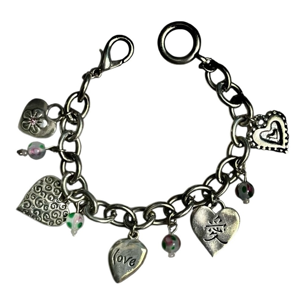 Chunky Heart Charm Bracelet glass flower dangles lobster clasp silver tone 7”